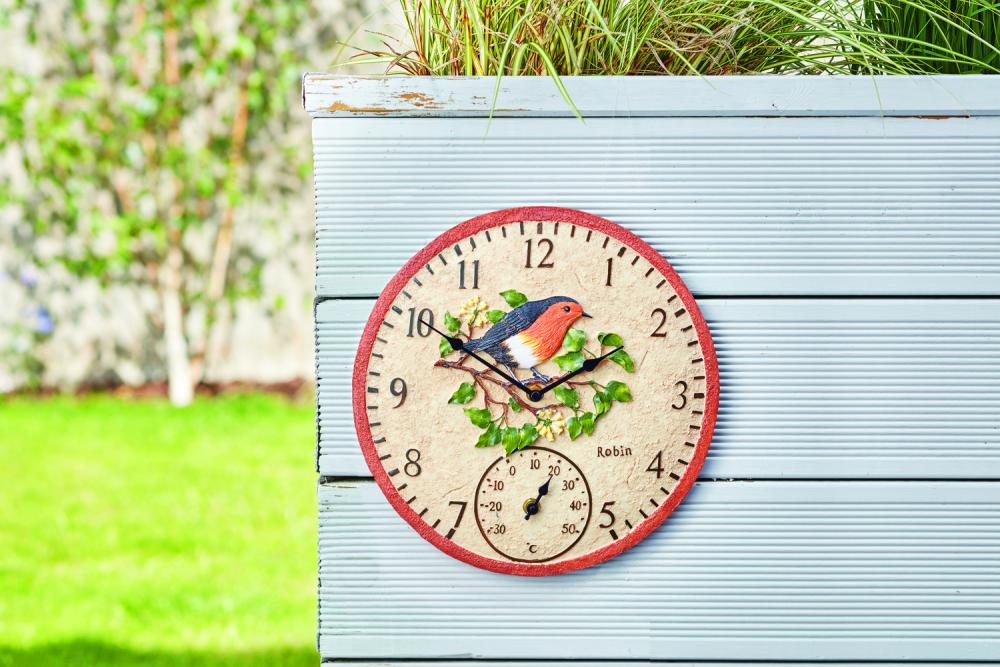 Robin Wanduhr, 30 cm - mit Vogelmotiv und Thermometer